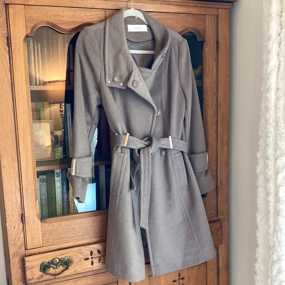 Tahari wool blend trench coat with tie waist